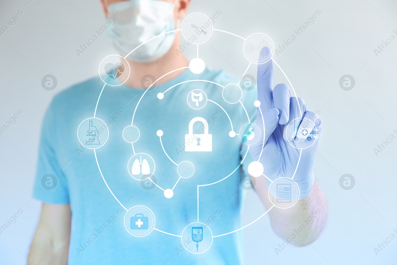 Image of Medical privacy. Health worker using virtual screen with scheme and different icons, closeup