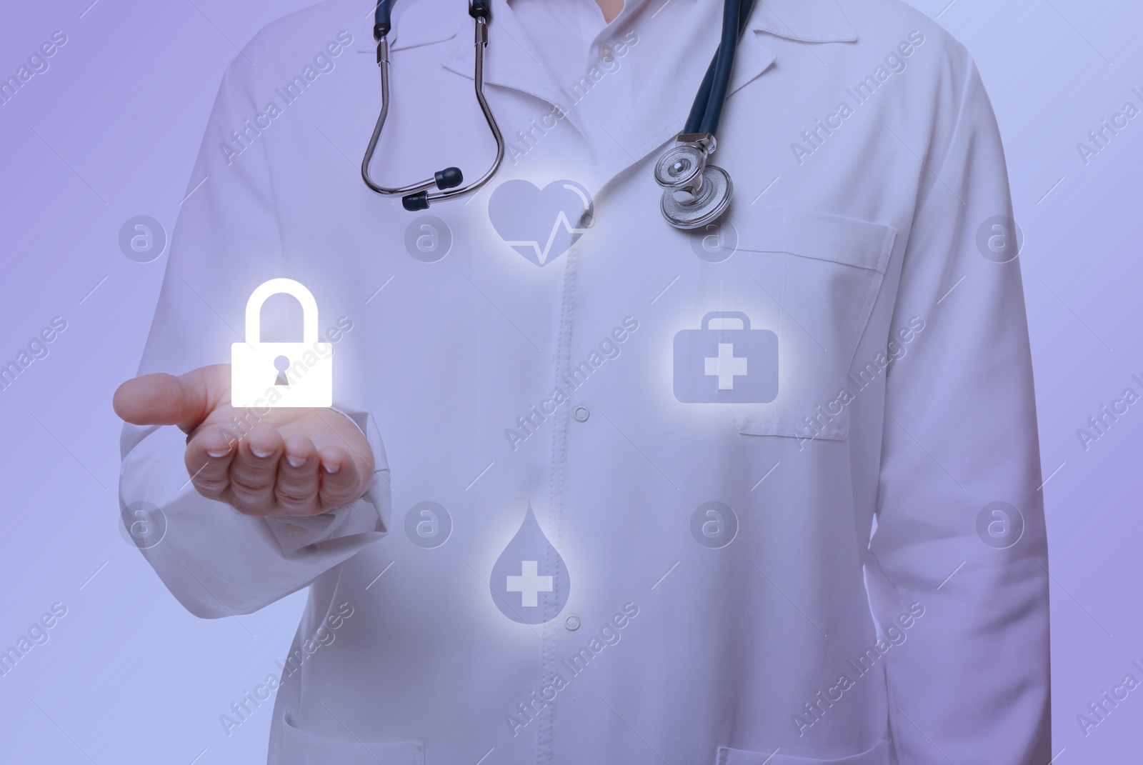 Image of Medical privacy. Health worker using virtual screen with different icons, closeup. Lock symbol over hand