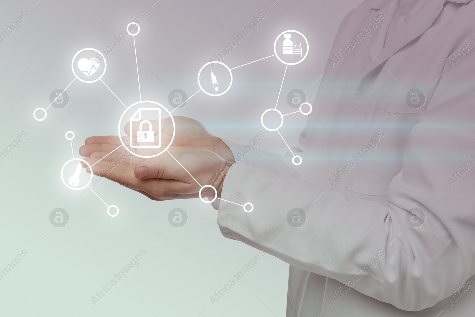 Image of Medical privacy. Health worker using virtual screen with scheme and different icons, closeup. Lock symbol over hand