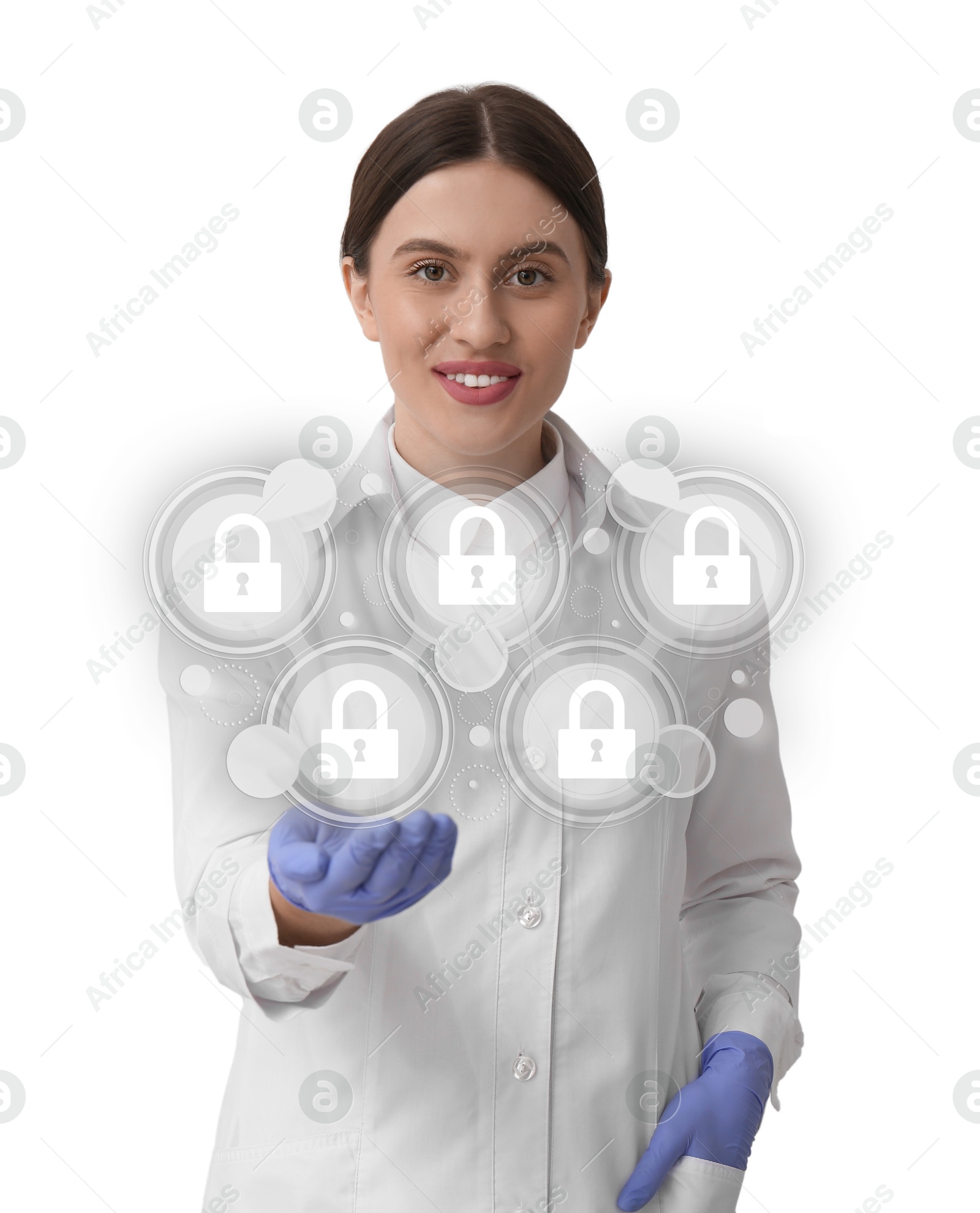 Image of Medical privacy. Health worker holding virtual with lock icons on white background