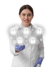 Image of Medical privacy. Health worker holding virtual with lock icons on white background