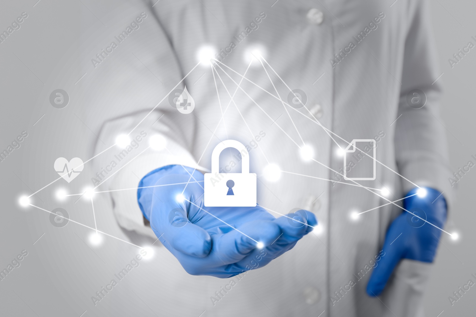 Image of Medical privacy. Health worker using virtual screen with scheme and different icons, closeup. Lock symbol over hand