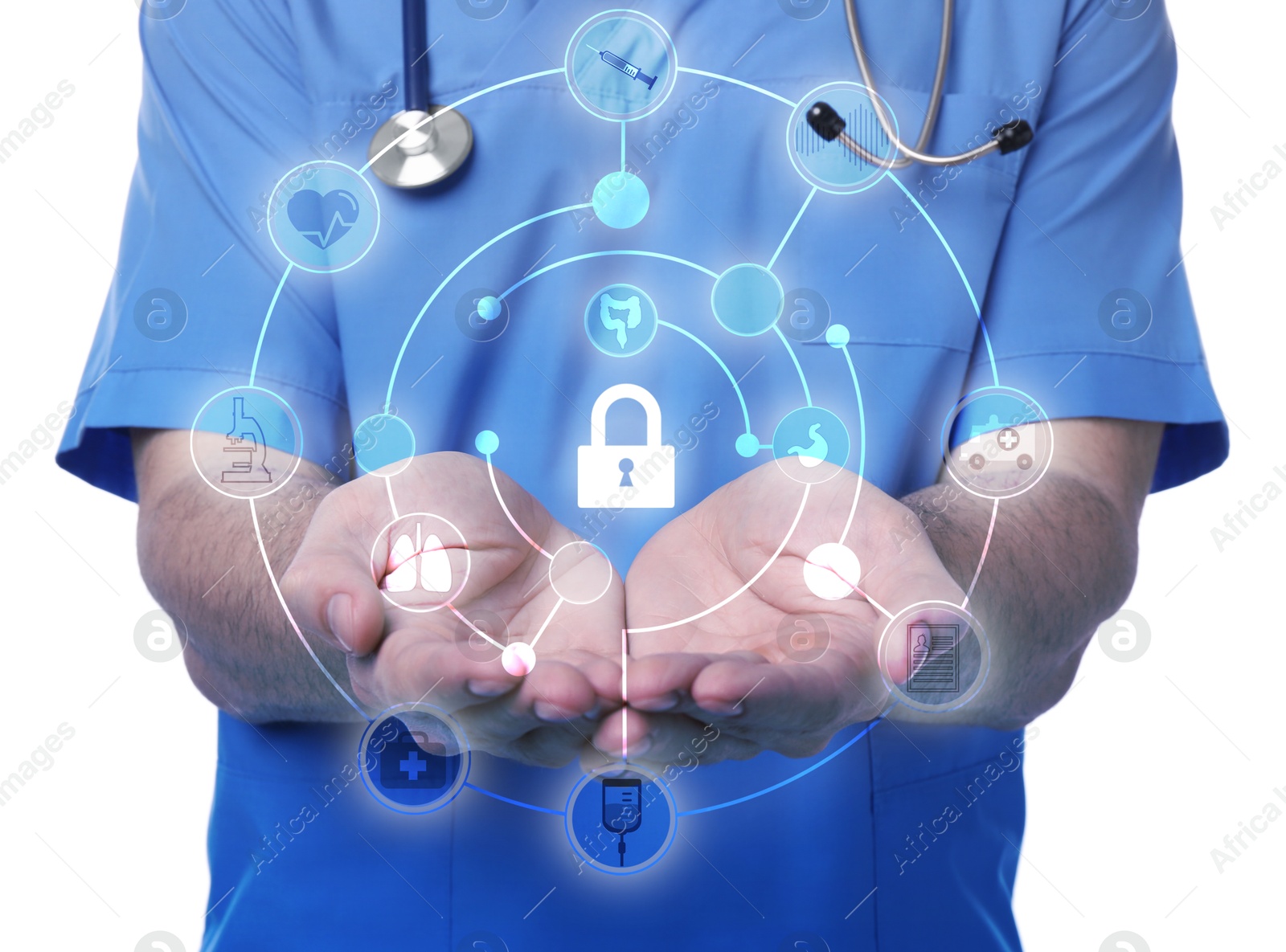 Image of Medical privacy. Health worker using virtual screen with scheme and different icons on white background, closeup