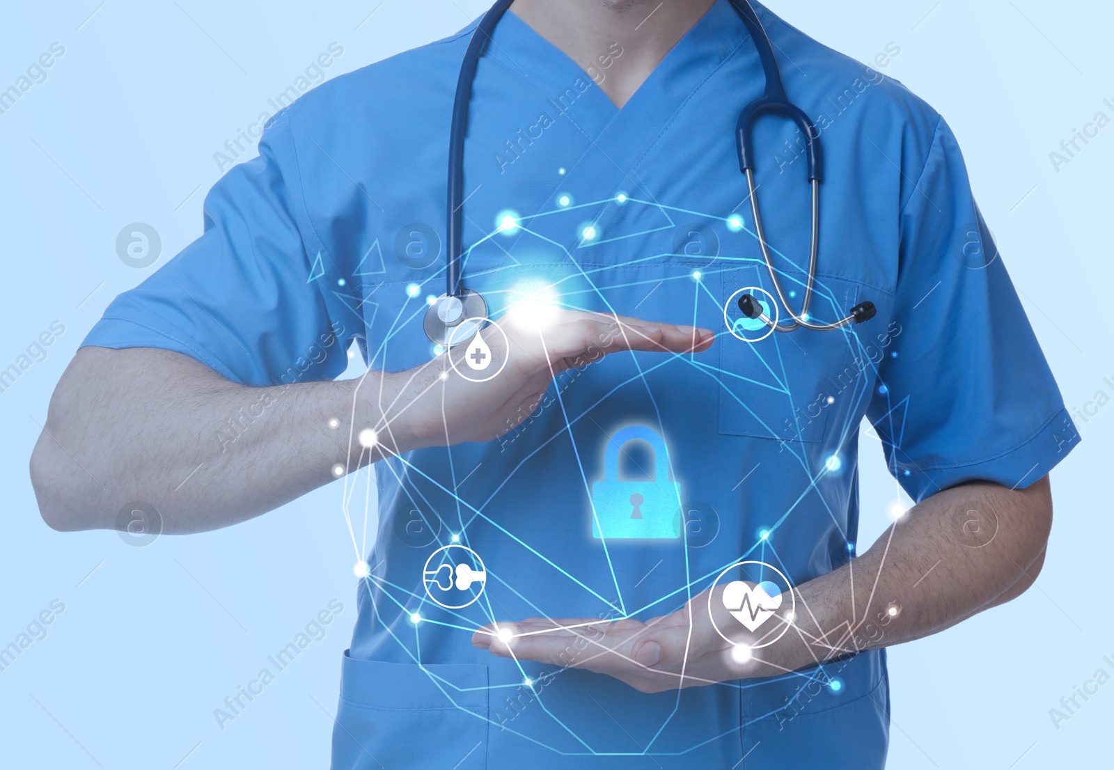 Image of Medical privacy. Health worker showing virtual lock icon and scheme, closeup