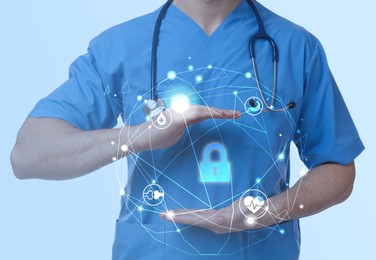 Image of Medical privacy. Health worker showing virtual lock icon and scheme, closeup