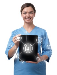 Image of Medical privacy. Health worker holding tablet on white background. Scheme with lock and other icons near device