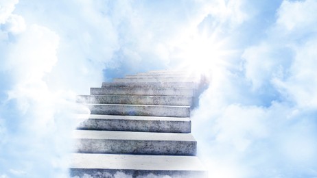 Image of Staircase among clouds leading towards light in sky. Banner design