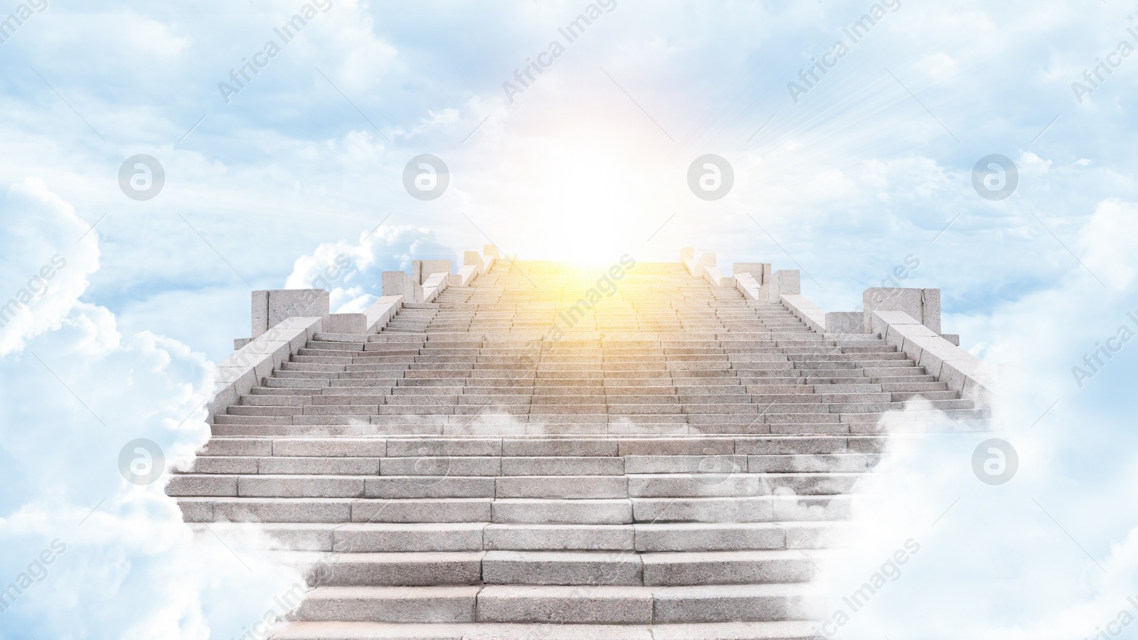 Image of Staircase among clouds leading towards light in sky. Banner design