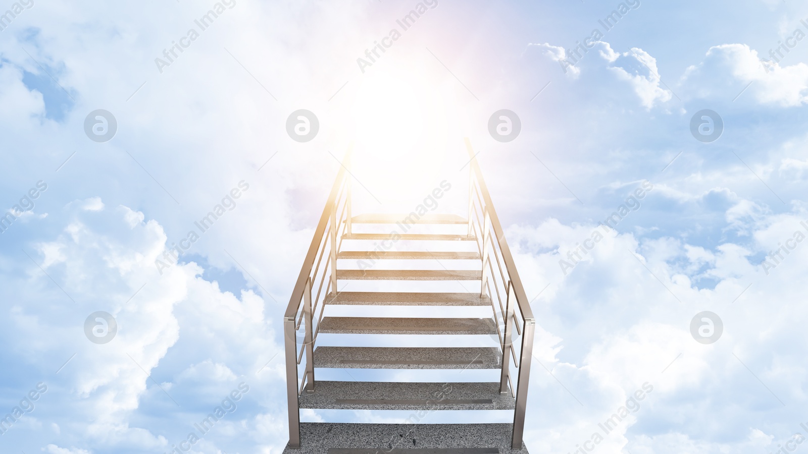 Image of Staircase among clouds leading towards light in sky. Banner design