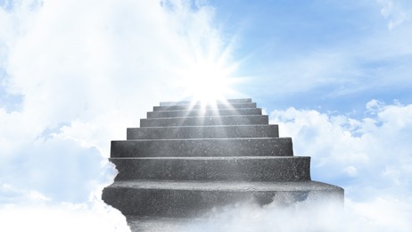 Image of Staircase among clouds leading towards light in sky. Banner design