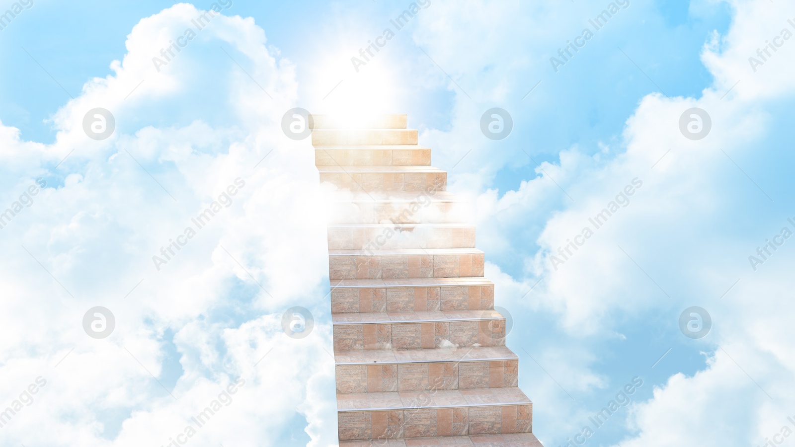 Image of Staircase among clouds leading towards light in sky. Banner design