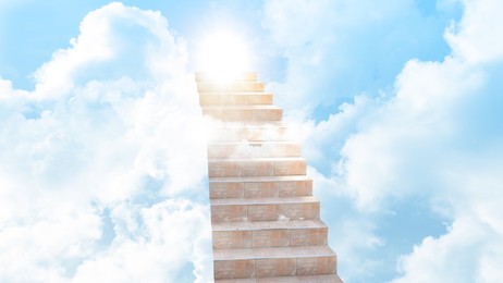 Image of Staircase among clouds leading towards light in sky. Banner design