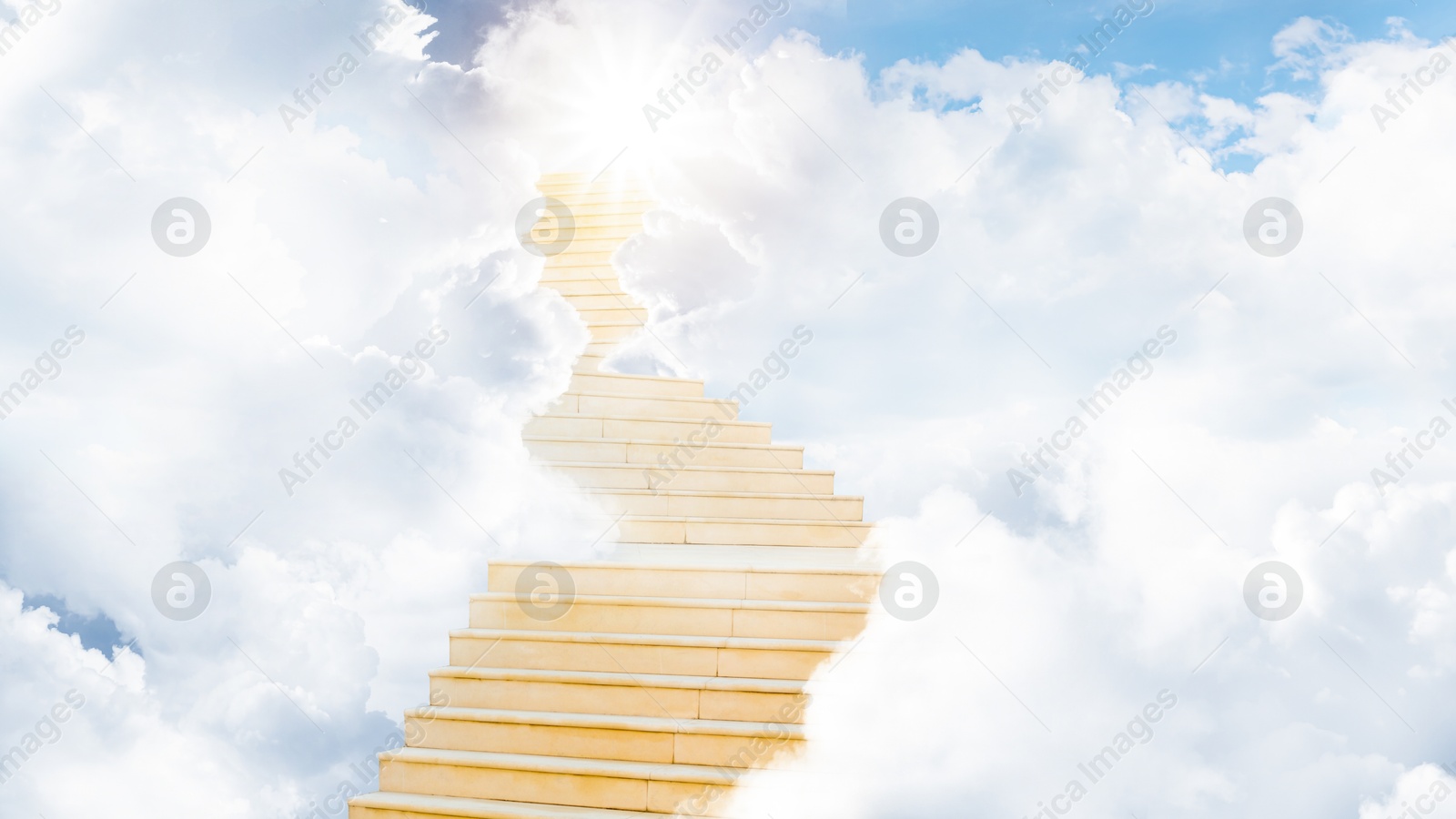 Image of Staircase among clouds leading towards light in sky. Banner design