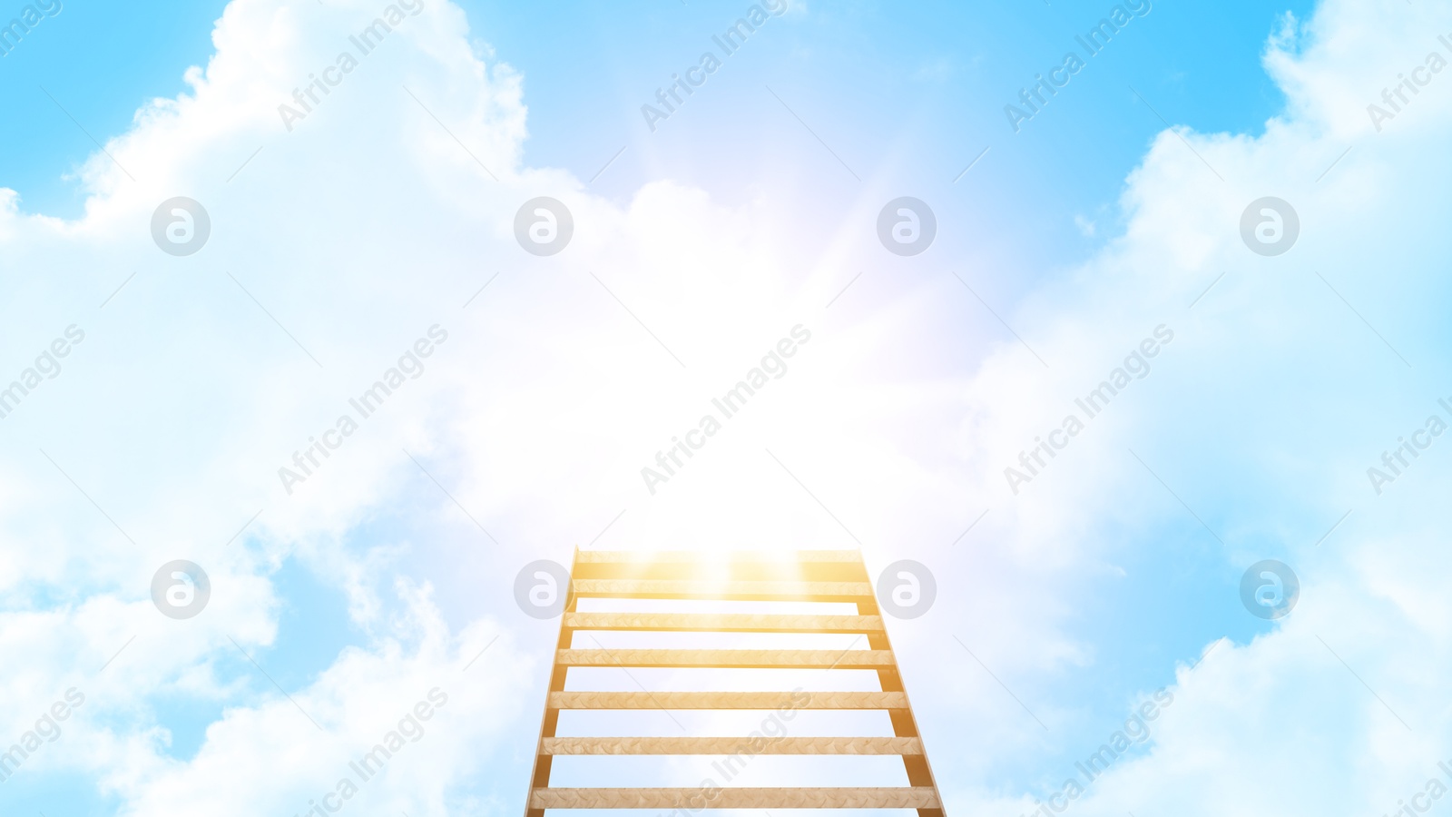 Image of Staircase among clouds leading towards light in sky. Banner design