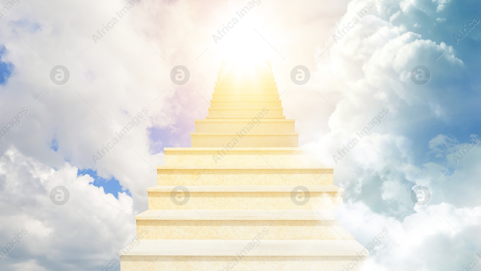 Image of Staircase among clouds leading towards light in sky. Banner design