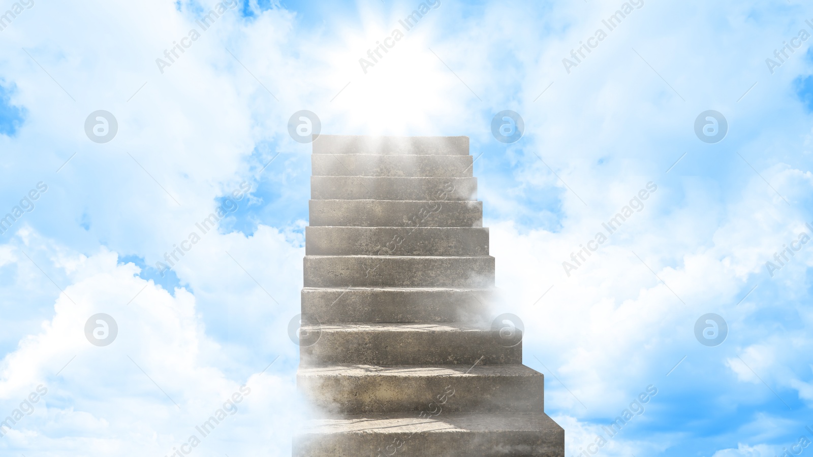 Image of Staircase among clouds leading towards light in sky. Banner design