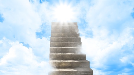 Image of Staircase among clouds leading towards light in sky. Banner design