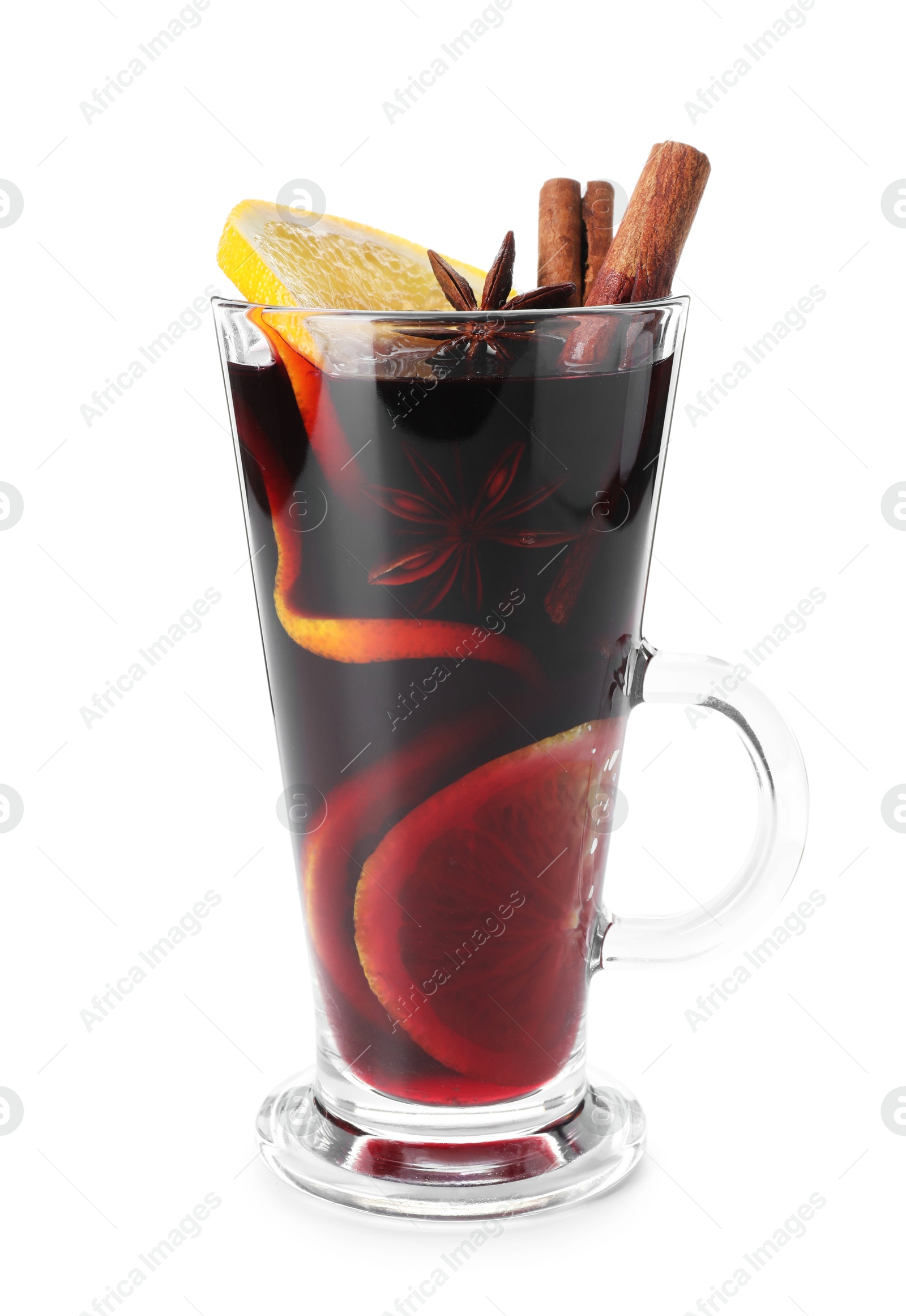 Photo of Tasty mulled wine with orange and spices isolated on white