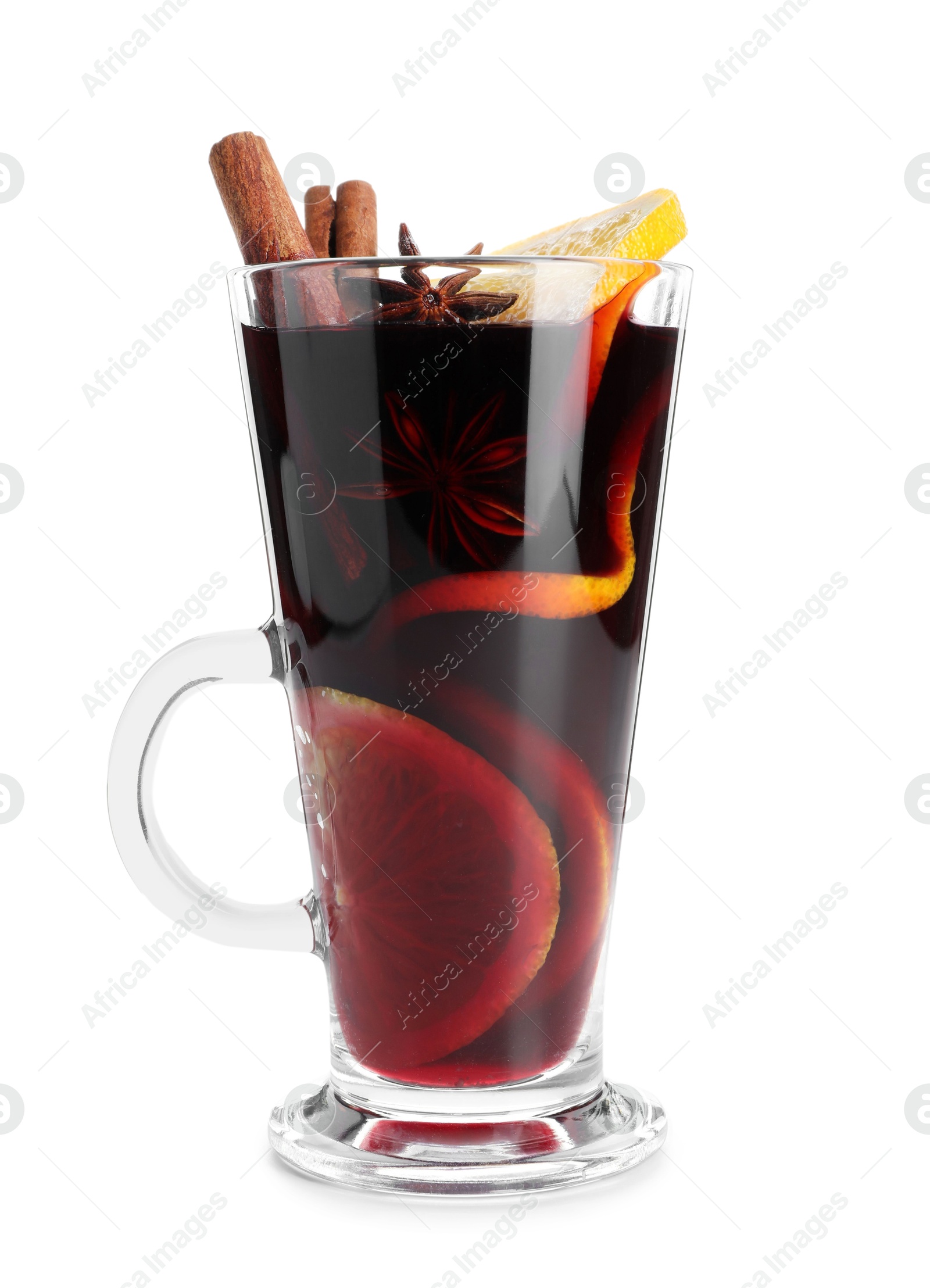 Photo of Tasty mulled wine with orange and spices isolated on white. Christmas drink