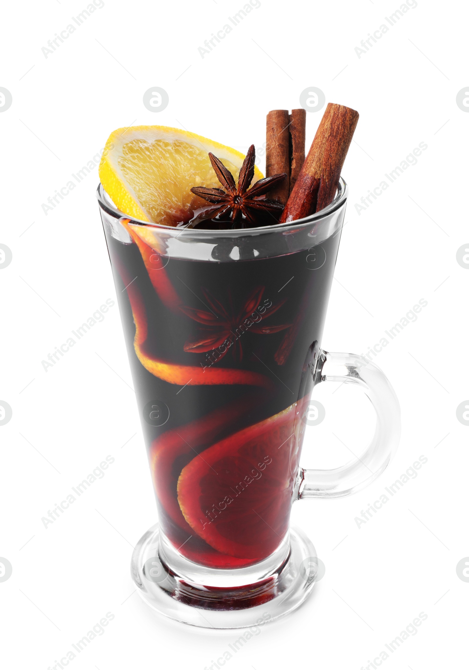 Photo of Tasty mulled wine with orange and spices isolated on white. Christmas drink