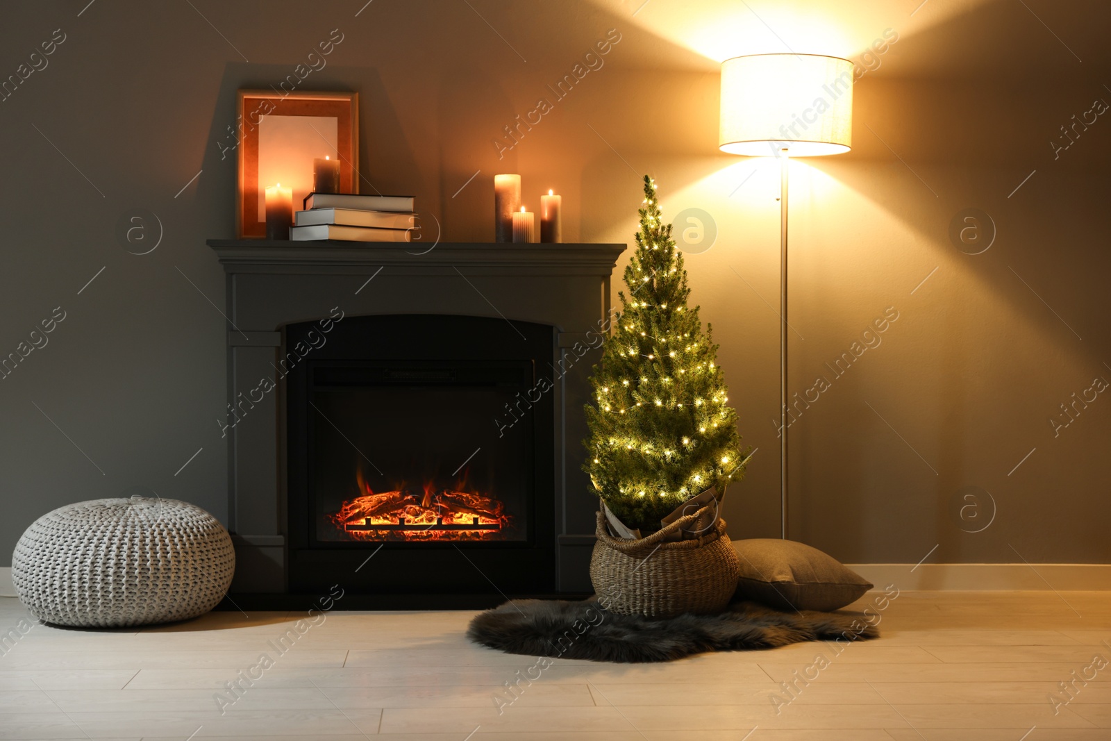 Photo of Small spruce tree in basket decorated with Christmas lights near fireplace indoors