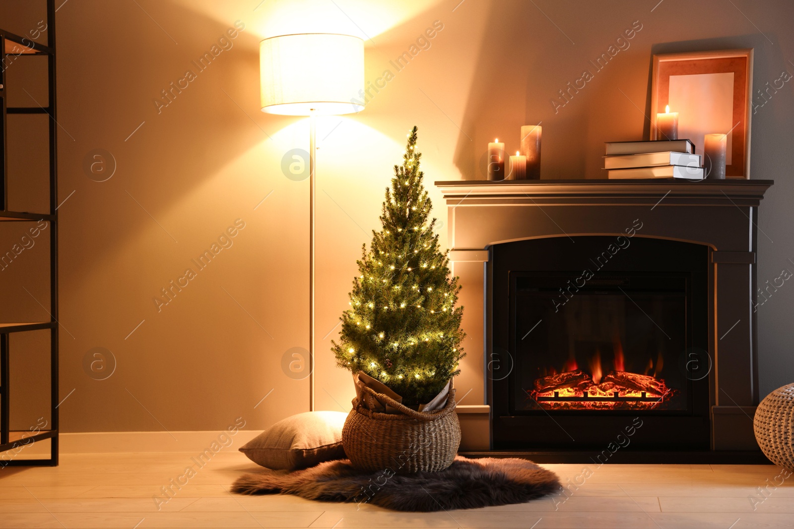 Photo of Small spruce tree in basket decorated with Christmas lights near fireplace indoors