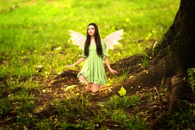 Image of Charming tiny fairy near tree. Mesmerizing girl with ethereal wings