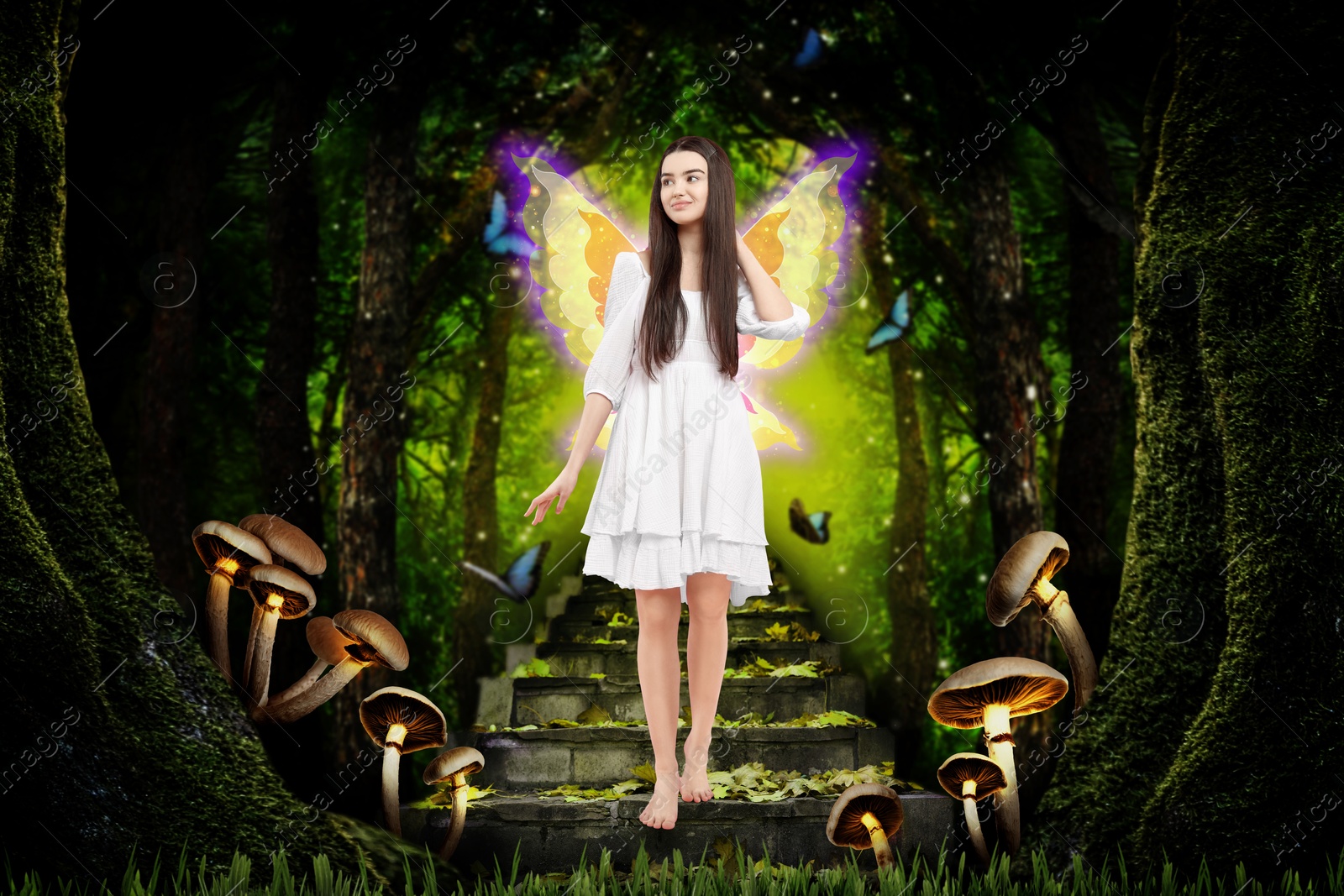 Image of Enchanting fairy surrounded by butterflies walking down ancient stairs among trees and magic mushrooms. Mesmerizing girl with ethereal wings in charmed forest