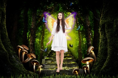 Image of Enchanting fairy surrounded by butterflies walking down ancient stairs among trees and magic mushrooms. Mesmerizing girl with ethereal wings in charmed forest