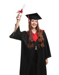 Photo of Happy student with diploma after graduation on white background