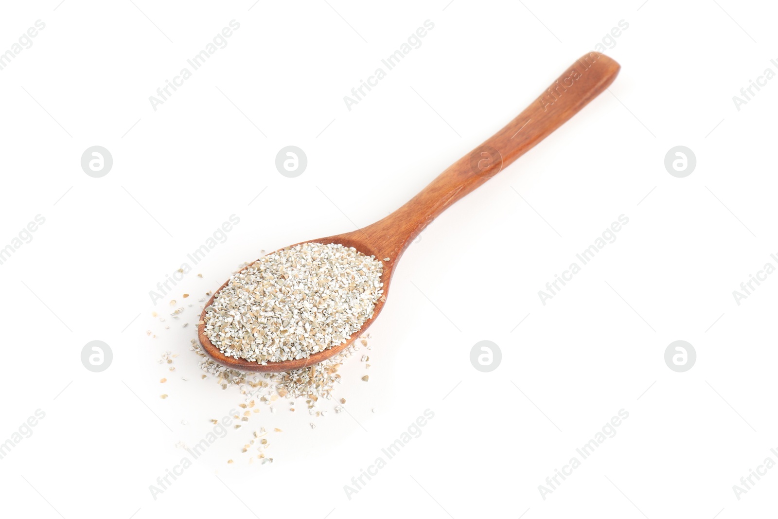 Photo of Rye bran in wooden spoon isolated on white