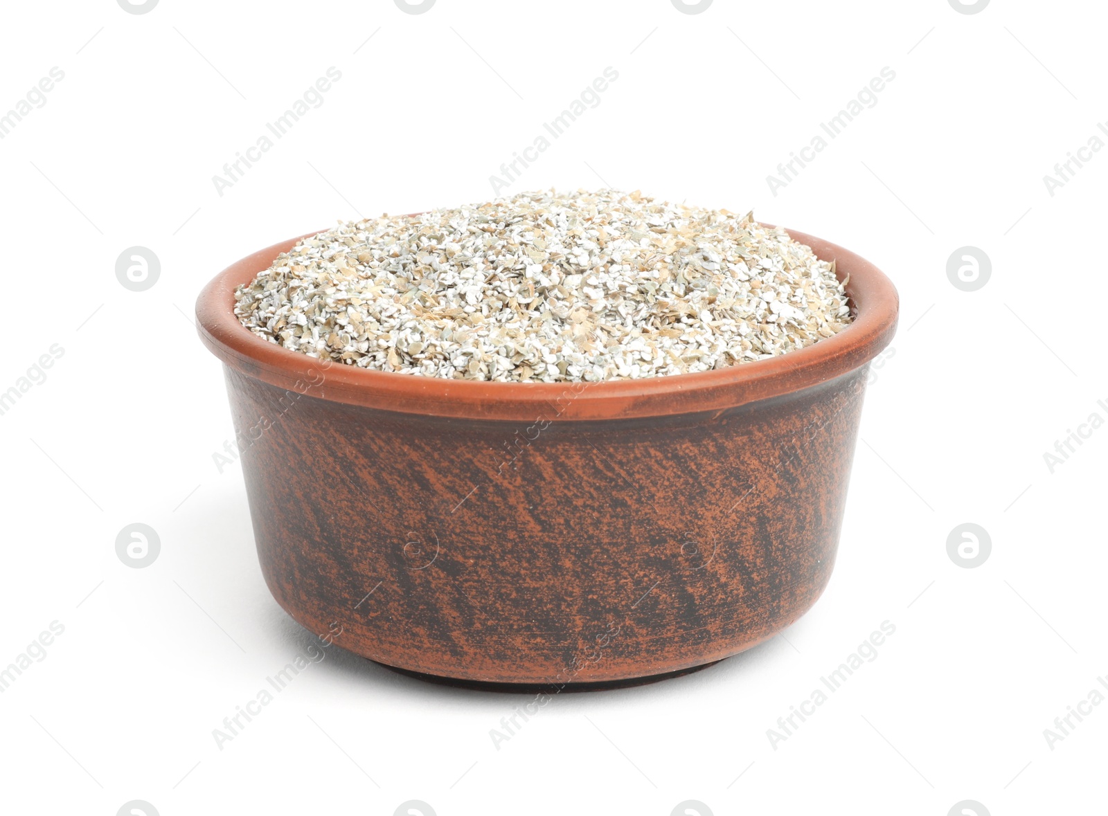 Photo of Rye bran in bowl isolated on white