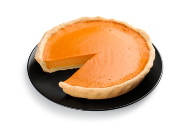 Photo of Tasty homemade pumpkin pie isolated on white