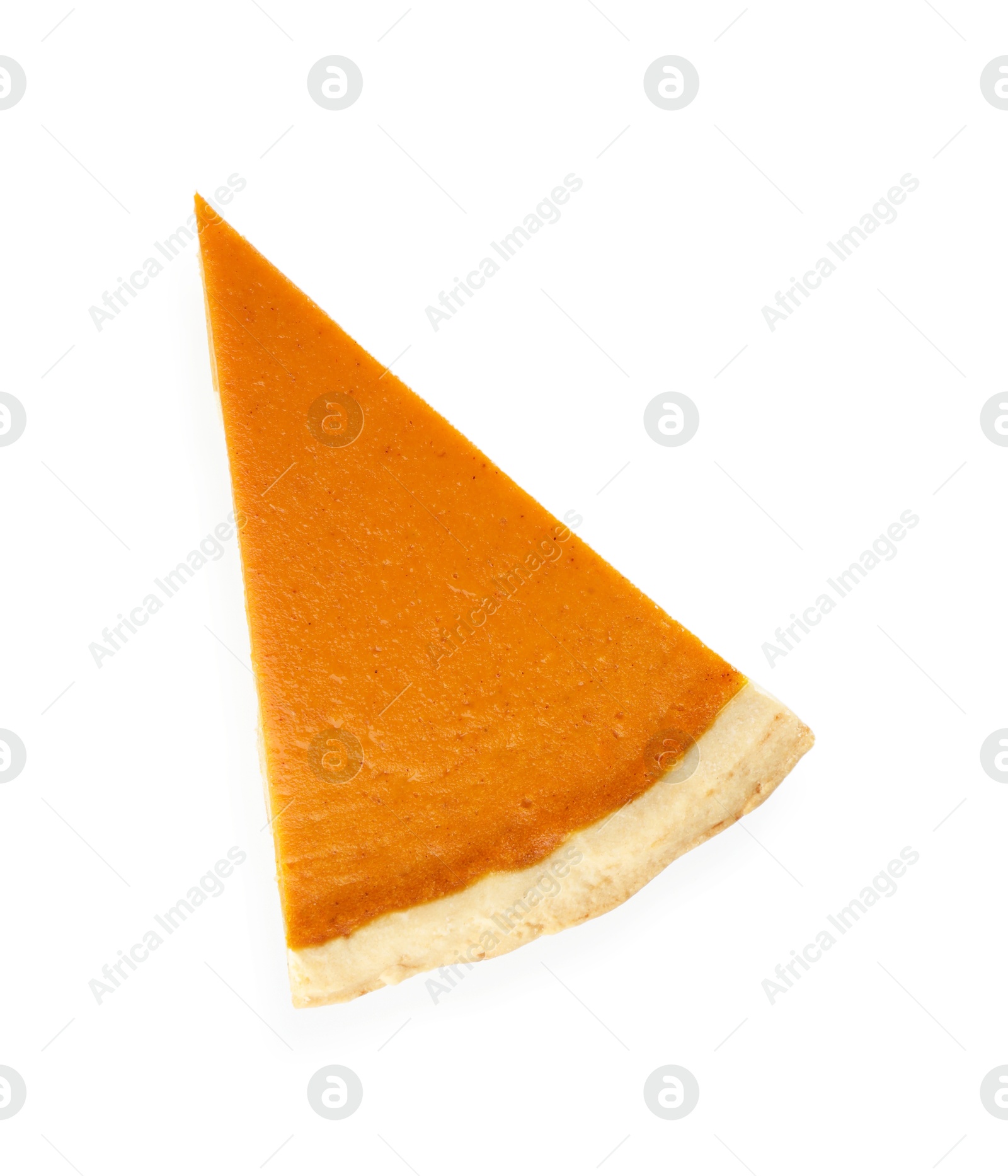 Photo of Piece of tasty homemade pumpkin pie isolated on white, top view