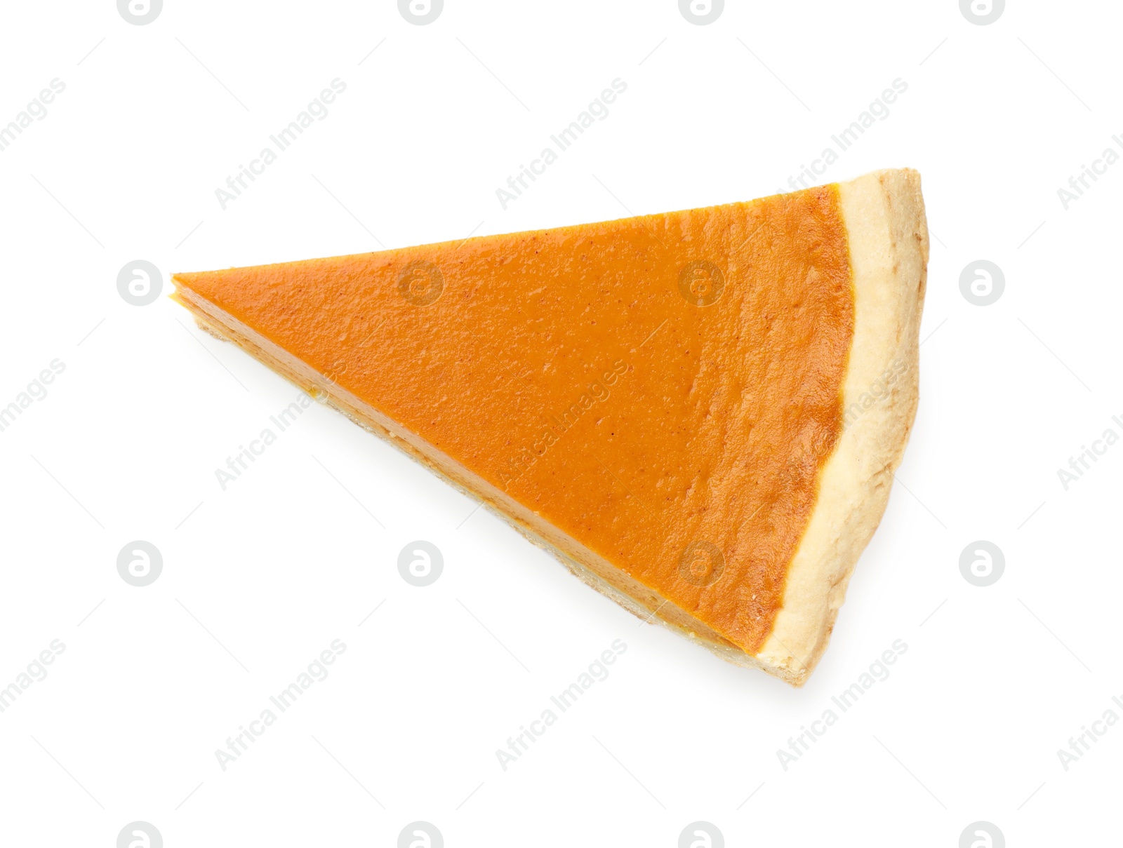 Photo of Piece of tasty homemade pumpkin pie isolated on white, top view