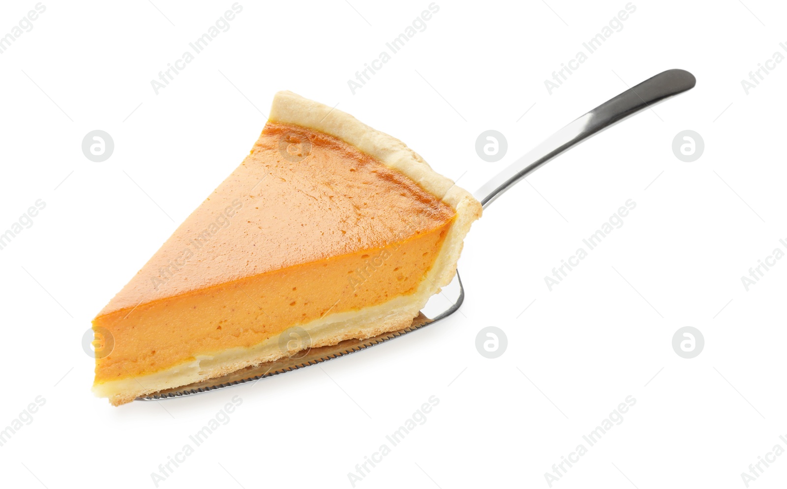 Photo of Piece of tasty homemade pumpkin pie and server isolated on white