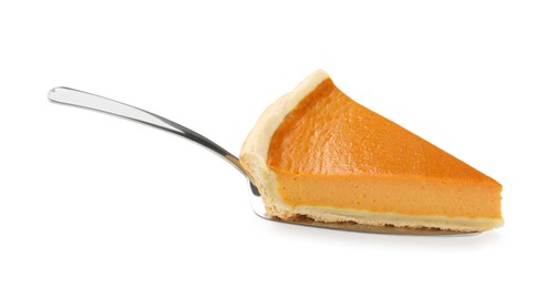 Photo of Piece of tasty homemade pumpkin pie and server isolated on white