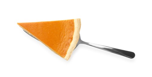 Photo of Piece of tasty homemade pumpkin pie and server isolated on white, top view