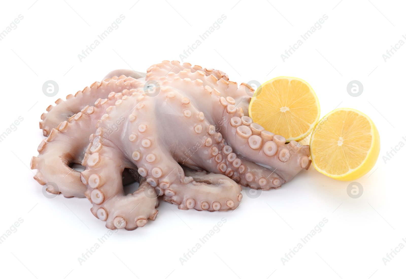 Photo of One fresh raw octopus and halves of lemon isolated on white