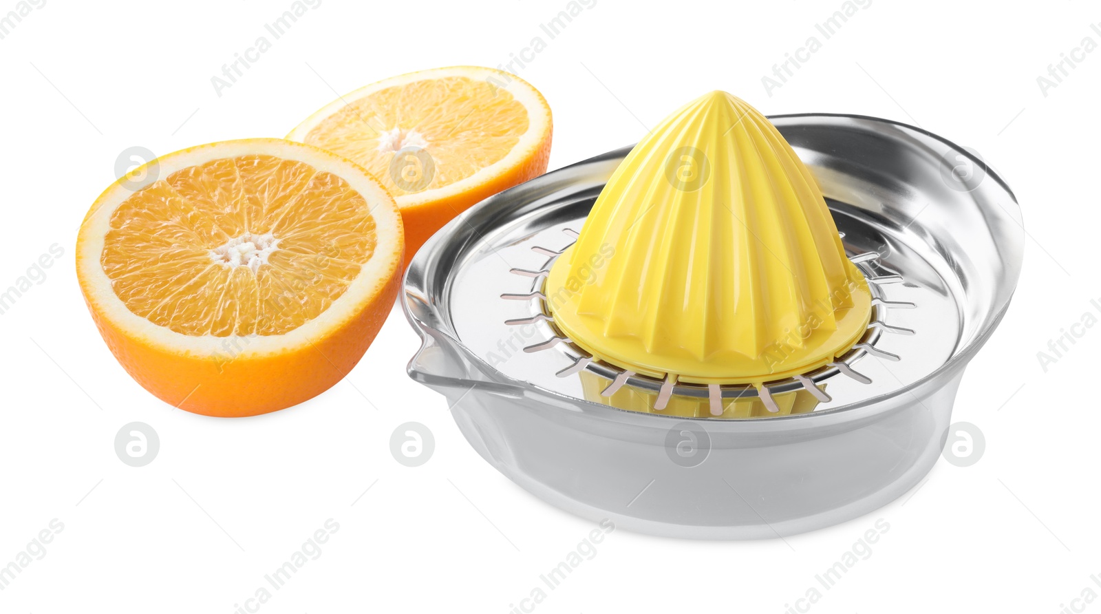 Photo of Juicer and oranges isolated on white. Kitchen tool