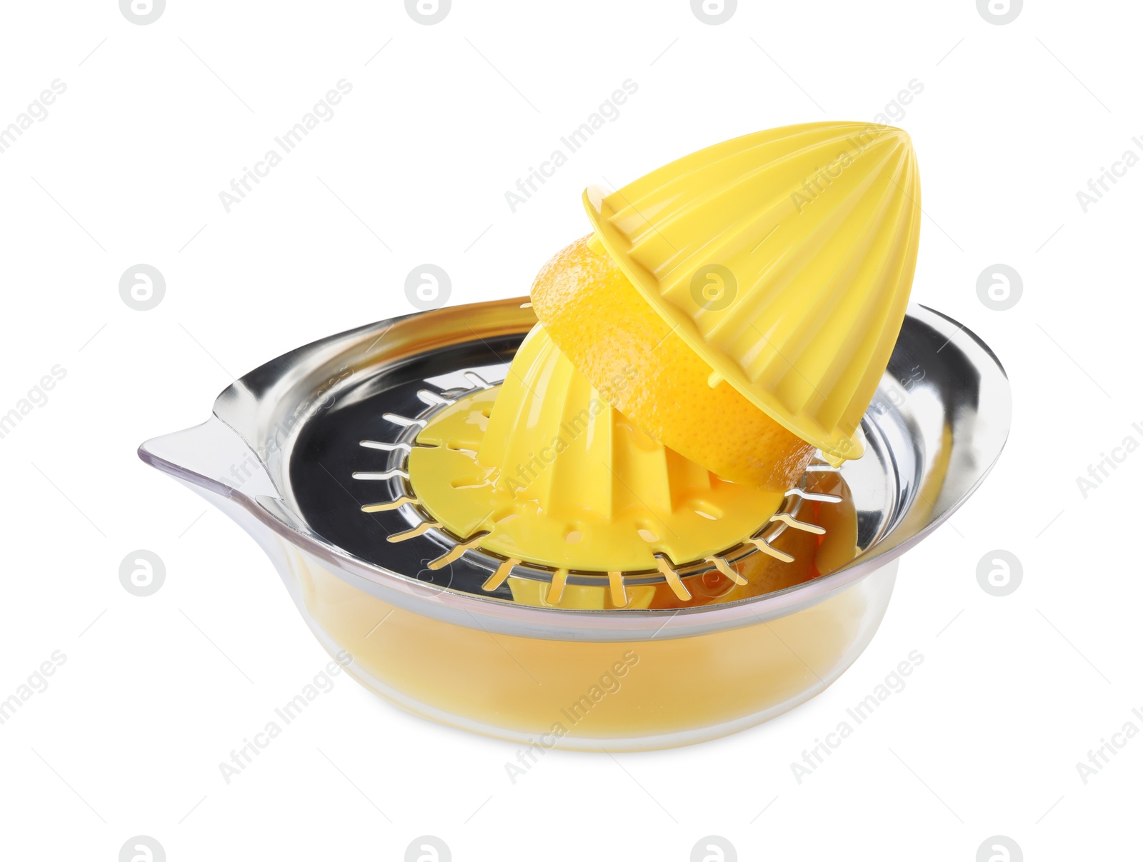 Photo of Metal juicer and squeezed orange isolated on white