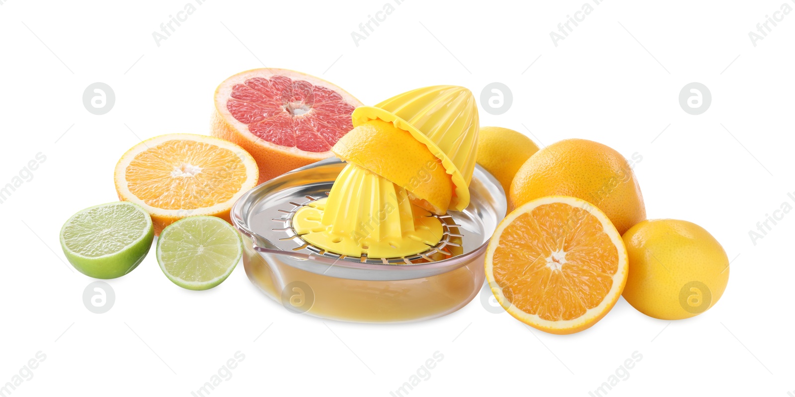 Photo of Metal juicer and different citrus fruits isolated on white