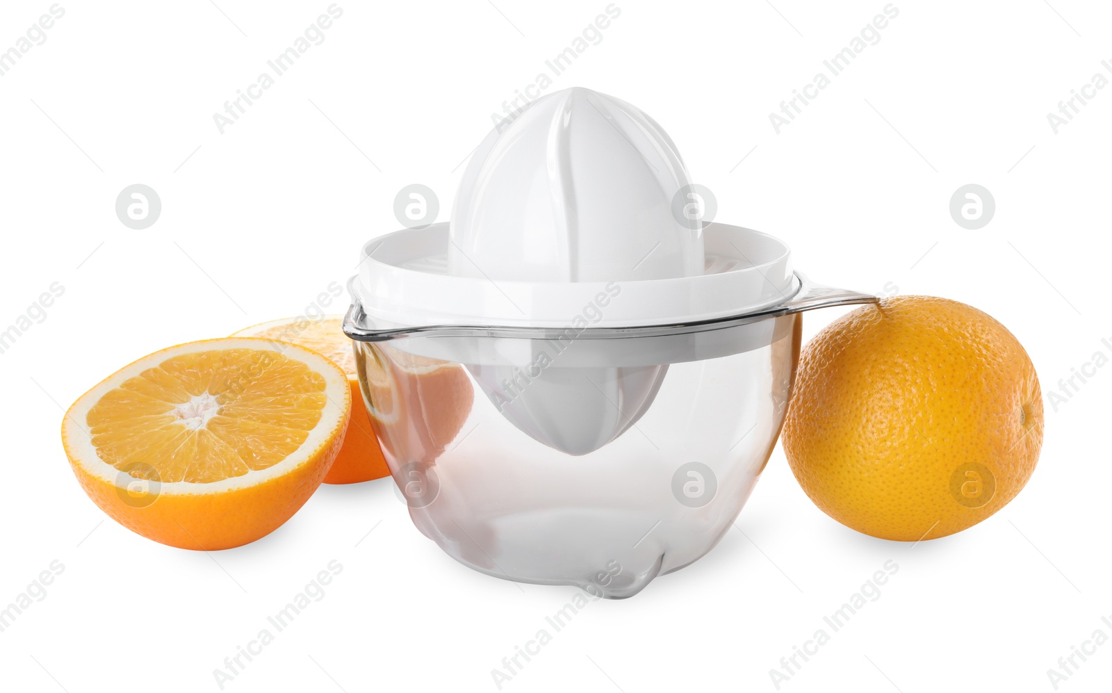 Photo of Plastic juicer and oranges isolated on white