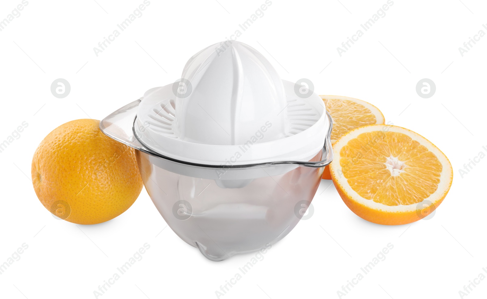 Photo of Plastic juicer and oranges isolated on white