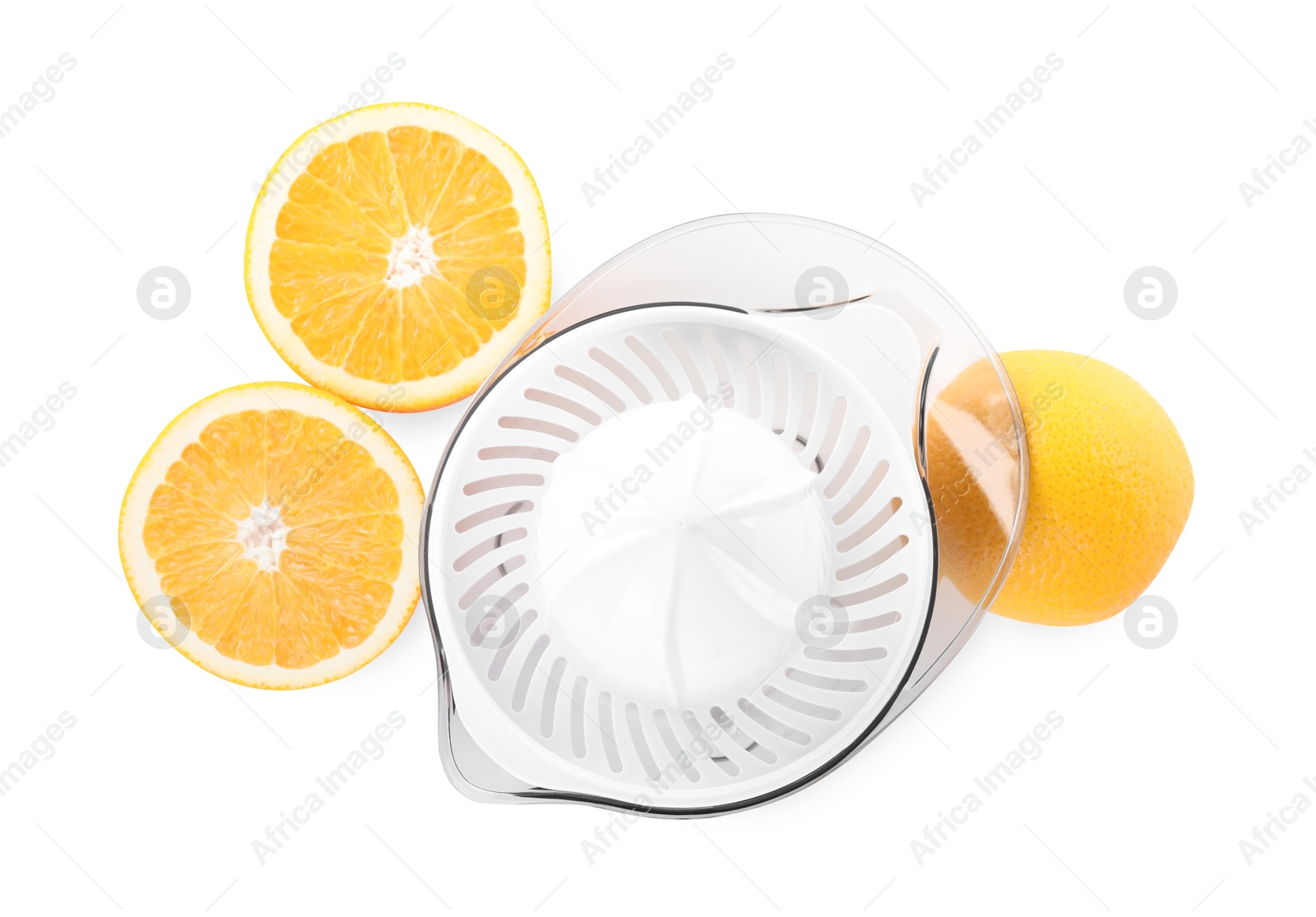 Photo of Plastic juicer and oranges isolated on white, top view