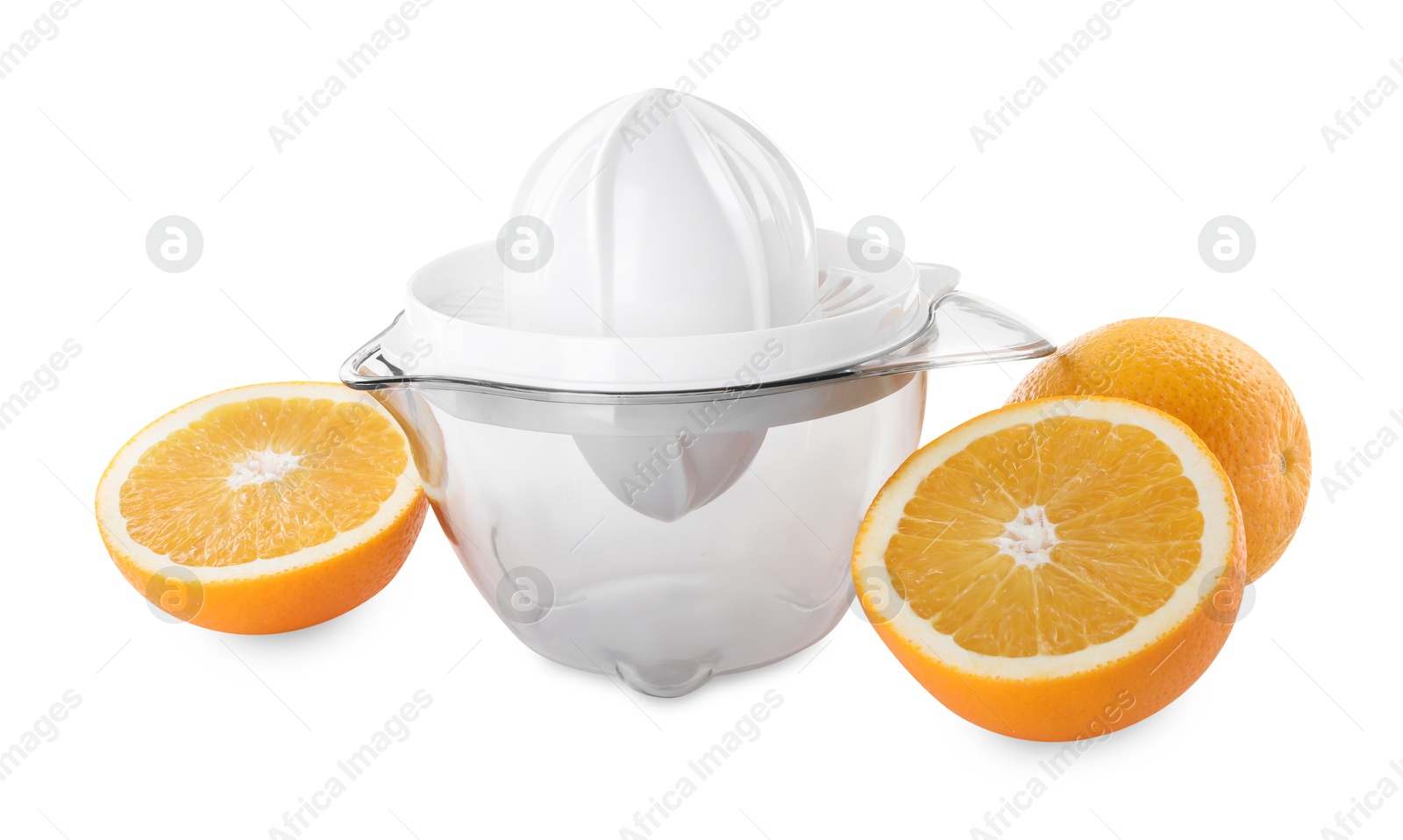 Photo of Plastic juicer and oranges isolated on white