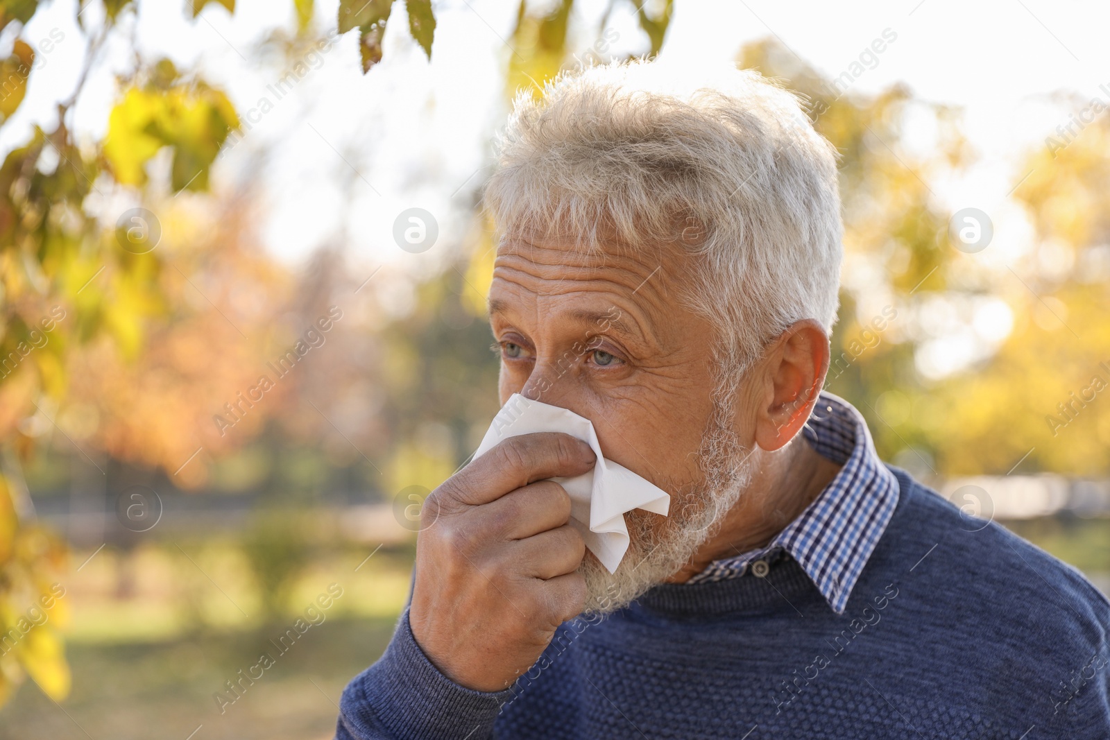 Photo of Senior man with runny nose in park, space for text