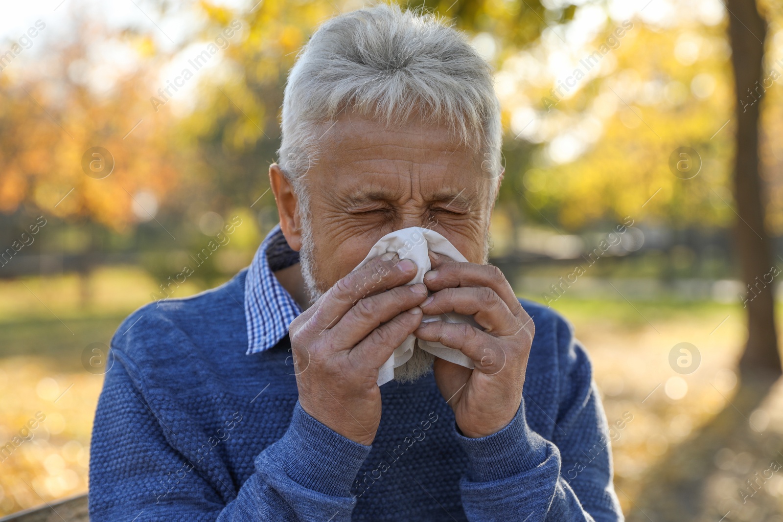 Photo of Senior man with tissue blowing runny nose in park