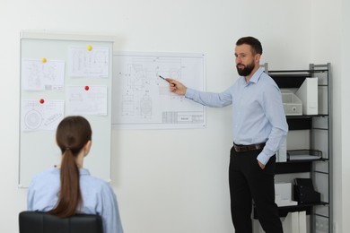 Photo of Man making presentation with engineering drawings to his colleagues in office