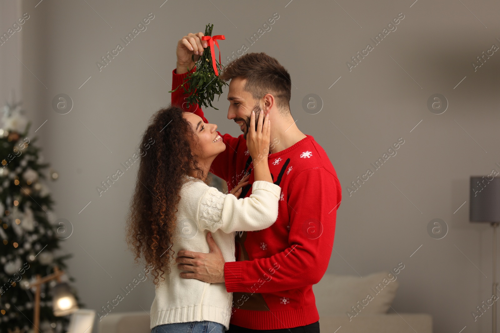 Photo of Lovely couple under mistletoe bunch in room decorated for Christmas